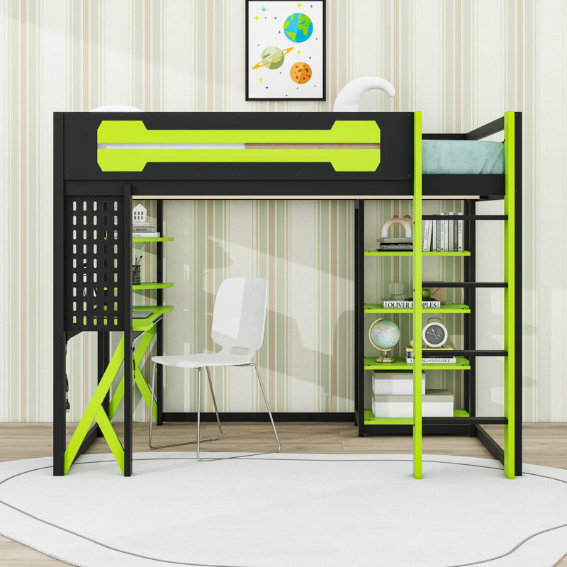 Full Wood Loft Bed with Desk, RGB LED Lights and Shelves, Black/Green