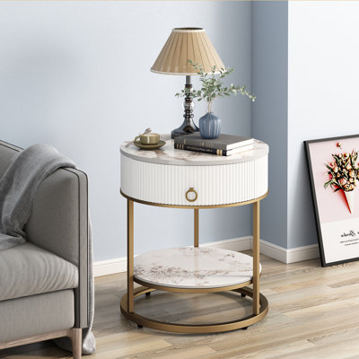  Round Side Table with Storage Drawer & Open Shelf