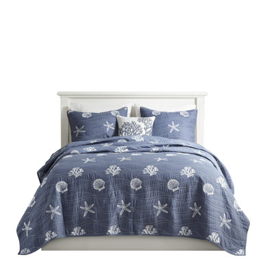 Premium Coastal Bedding Sets, Cotton Embroidered Quilt With Decorative Pillow, Full/queen, Navy
