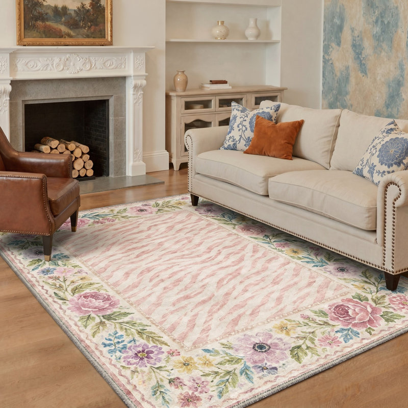 Machine Washable Floral Print Ivory / Pink Hallway Runner With Non-Slip Backing, Rectangle 6' x 9'
