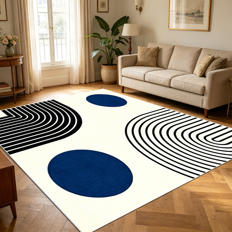 1PC Minimalist Black Curved Line and Navy Blue Circle Abstract area rugs for Living Room, Soft and Comfortable, Suitable for all seasons, easy-to-maintain, machine washable Indoor floor mat, Under Table Farmhouse suitable for living room, dining