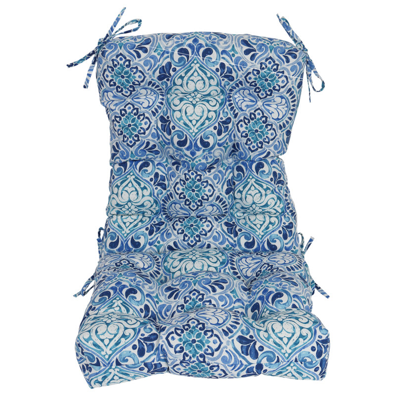 Outdoor Tufted Seat/Back Chair Cushion, White/Blue/Fiorella Baltic Moroccan, 18" W x 18" D