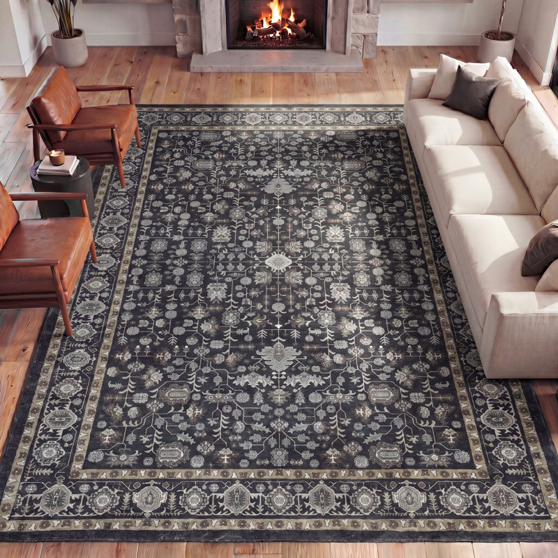 Tapis lavable à la machine antidérapant à bordure florale subtilement médaillon, Charcoal/Ivory, Rectangulaire 8 pi x 10 pi