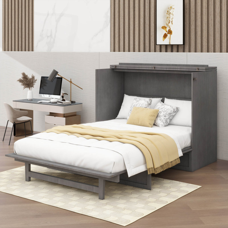 Un lit escamotable avec tiroirs spacieux et ports USB pratiques, gris, Double