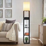 67" Column Floor Lamp with Shelves, Solid Wood, USB Ports, Storage Drawer and Bulb Included
