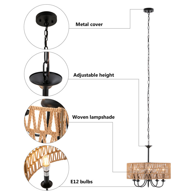 Lustre bohémien 5 lumières à hauteur réglable pour les salles à manger, les salons et les cuisines