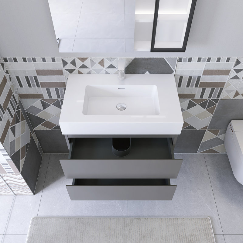 Ensemble de meuble-lavabo simple 29,9 po avec dessus Siglind, Blanc, Gris