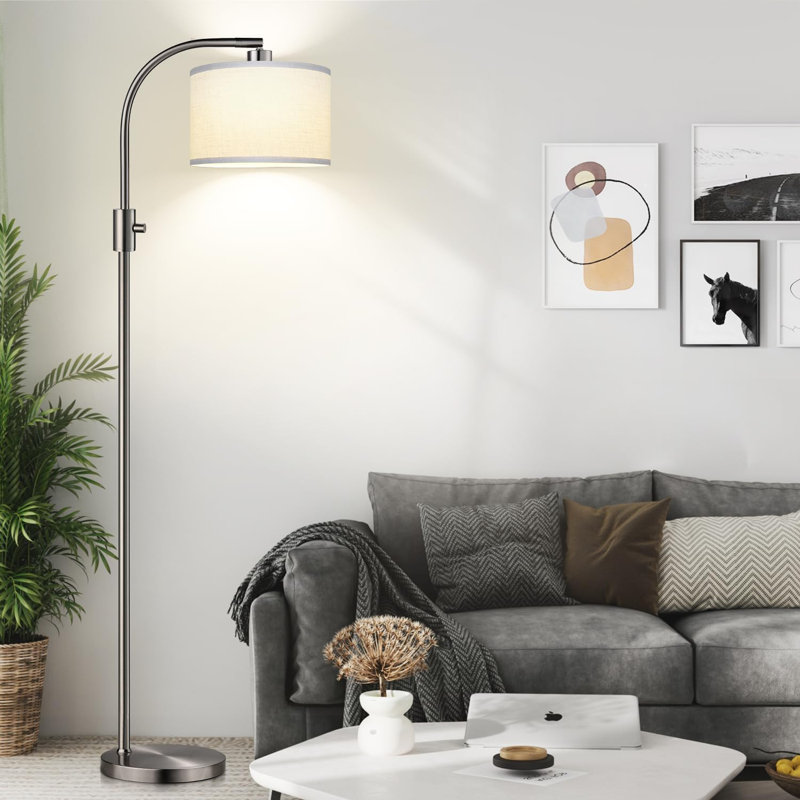 Dimmable LED Arc Floor Lamp For Living Room - 1200 Lumens, Adjustable Linen Shade, Rotatable Stand, Silver