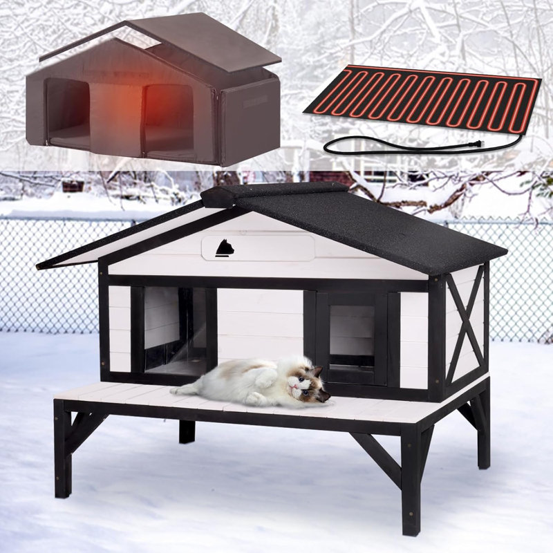 Maison de chat chauffée pour l'extérieur, maison de chat extérieure isolée avec couverture chauffante électrique, fils résistants aux piqûres, abri pour chat résistant aux intempéries pour l'hiver, noir et blanc