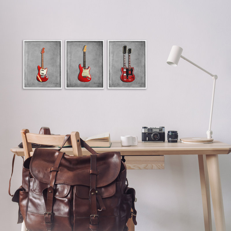 Ensemble de giclées encadrées 3 pièces de la collection Red Guitars, conception par Mark Rogan, H 14 po x l 11 po
