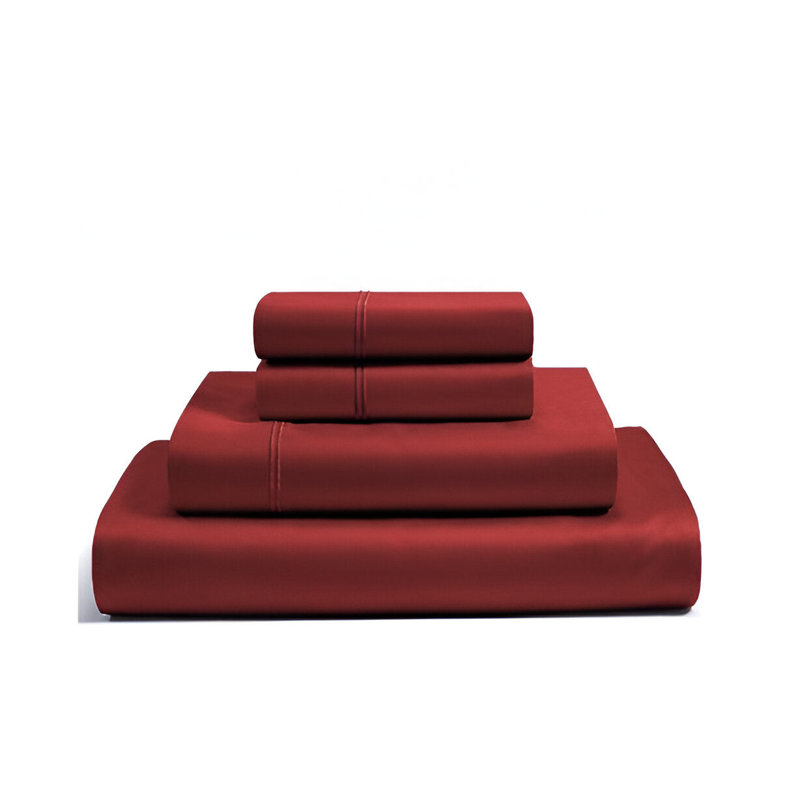 400TC Luxurious Double Embroidery Sateen Solid Cotton 4 Piece Sheet Set Fitted Sheet Fits Upto 16" Deep Pocket, Burgundy