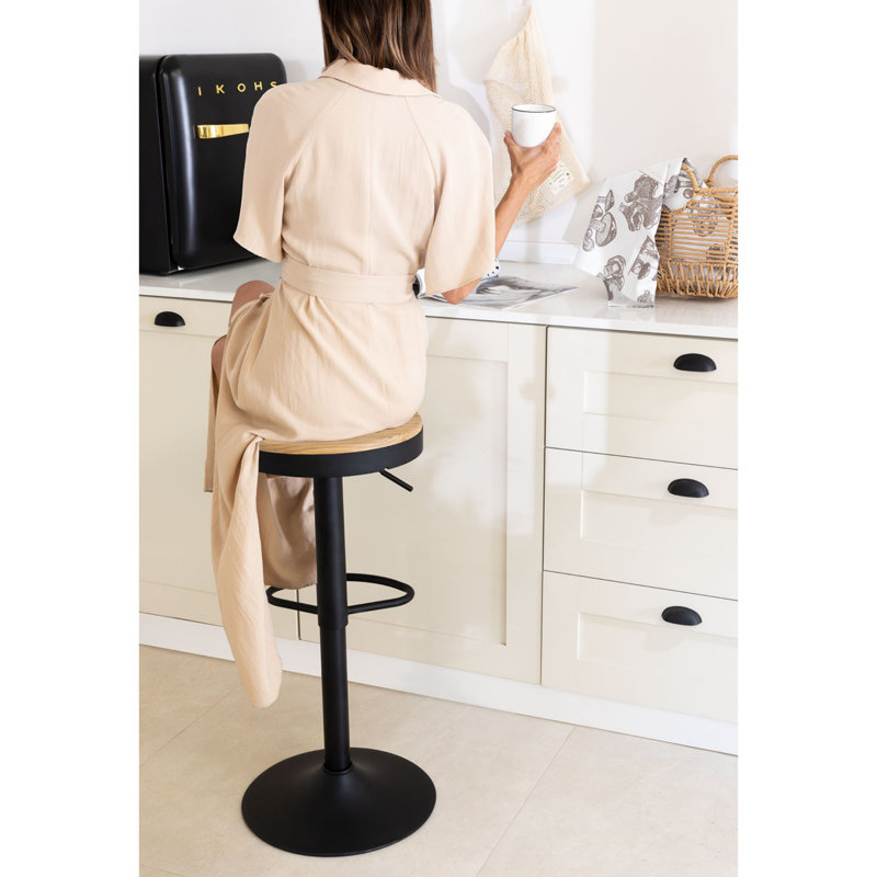 Swivel Wood Seat Bar Stools Adjustable-Height Backless Counter Stool With Metal Frame, Walnut Seat / Black Frame