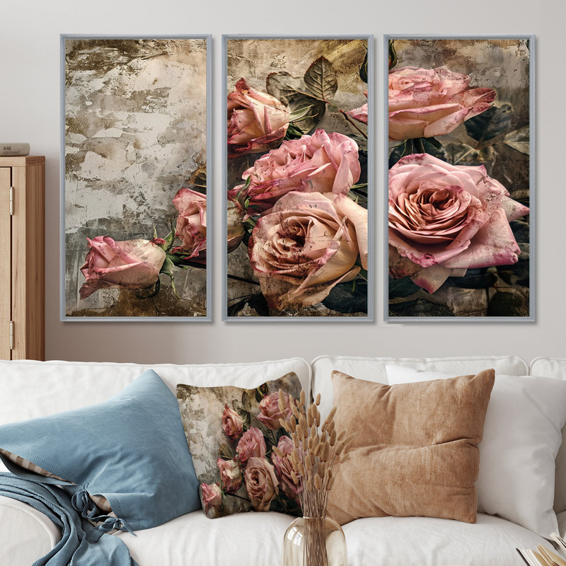 Ensemble d'art mural Northborough - Roses, H 28 po x l 36 po x P 1 po, Encadrement argenté