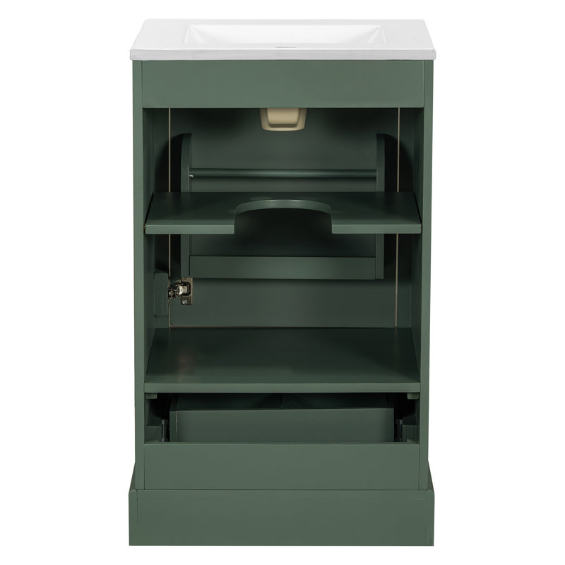 Meuble-lavabo de 20 po avec lavabo en céramique, porte à fermeture en douceur, tablette ajustable en forme de U, tiroir de compartiment et support de porte, style moderne, conception peu encombrante