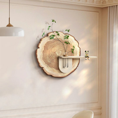 Étagère murale rustique en forme d'anneau avec vase en verre, présentoir flottant en bois Boho moderne pour le salon, la chambre à coucher, le vestibule, décoration murale en bois naturel avec pot de fleurs