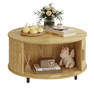 31.5" Modern Round Coffee Table With 360° Curved Sliding Door.