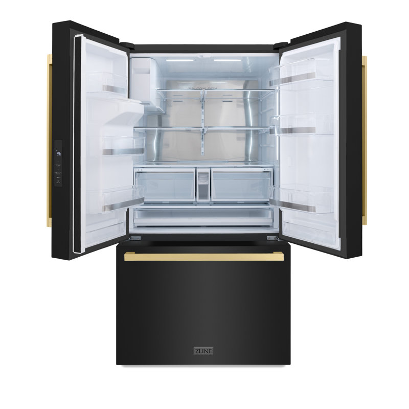 Zline Autograph Edition 36 In. 28.9 Cu. Ft. Standard-depth French Door External Water Dispenser Refrigerator With Dual Ice Maker In Fingerprint Resistant Stainless Steel And Champagne Bronze Square Handles