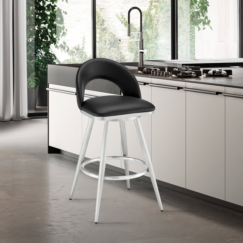Tabouret tournant Lottech en acier inoxydable brossé avec similicuir noir, Tabouret de bar (siège d’une hauteur de 30 po)