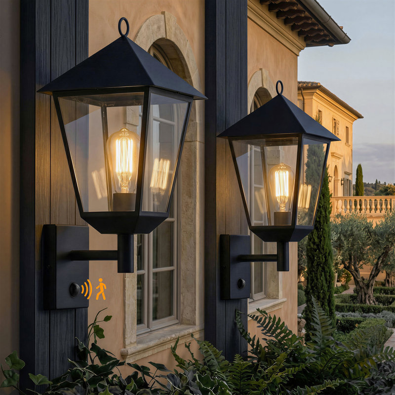 European Outdoor Wall Light with Motion Sensor, 17.7" (45 cm) Black E27 Exterior Lantern Sconce