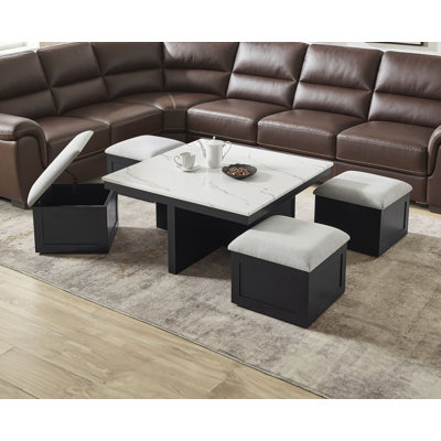 Ensemble table basse et pouf, 96,5 cm L x 96,5 cm P x 45,7 cm H, imitation marbre et bois, 5 pièces, blanc et gris, tabourets avec rangement intégré
