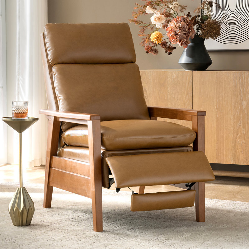 Honorato Mid-Century Modern Vegan Leather Recliner with Solid Wood Frame, Camel Faux Leather