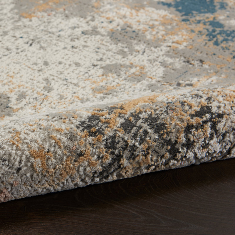 Abstract Gray/Blue/Ivory Area Rug, Rectangle 6' x 9'
