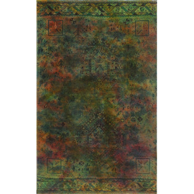 Tapis de zone en laine vert 3 pi 9 po x 6 pi 6 po one-of-kind à la main noué la Treva