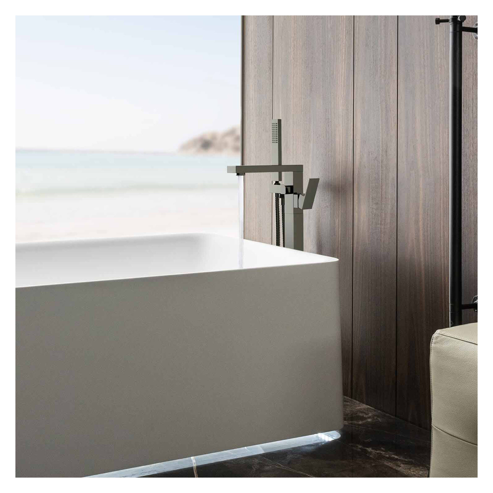 Cube Floor Tub Spout with Diverter, Brushed Nickel