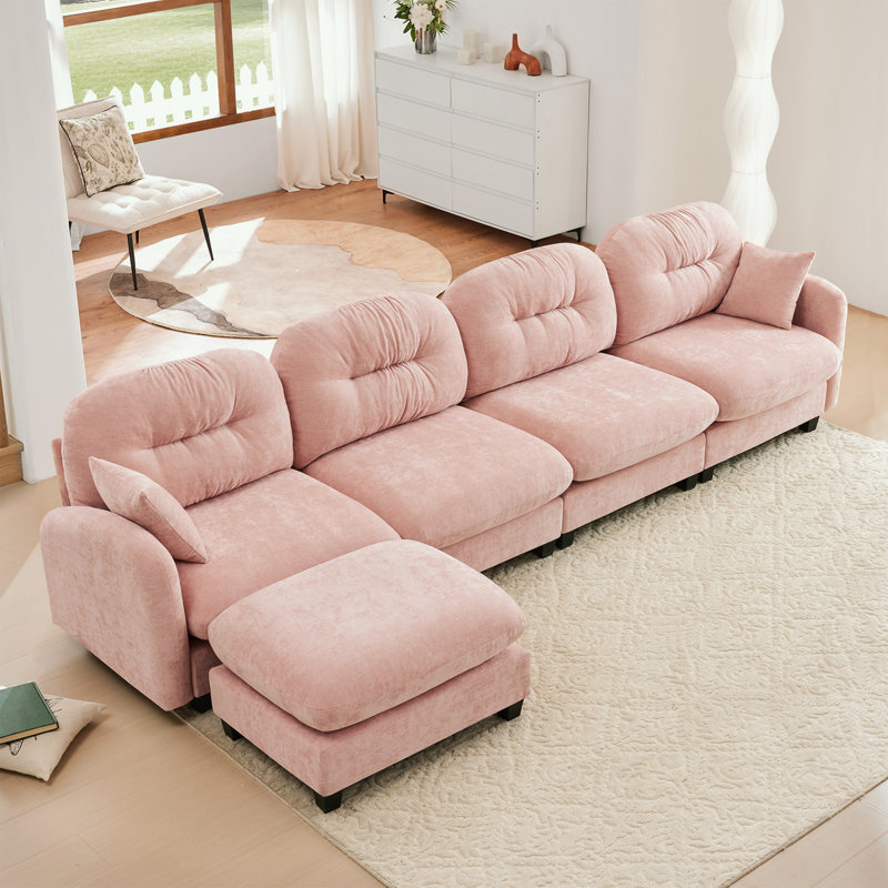 L Shaped Sectional Couch With Ottoman and soft cushion, Pink Chenille