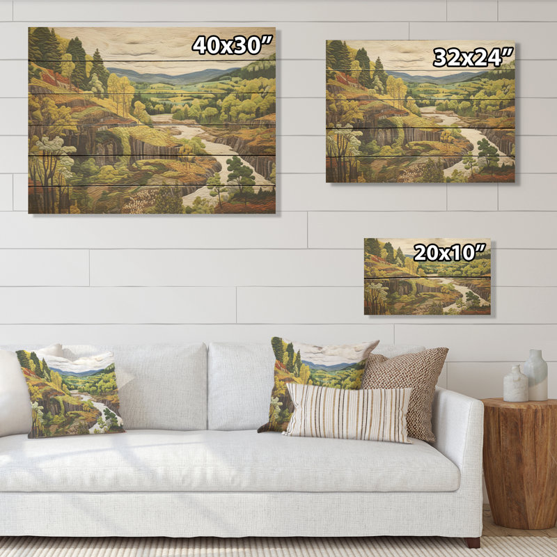 Green Wondering Pastoral Harmony - Mountains River Wood Panel Wall Art On Natural Pine Wood, 30" H x 40" W