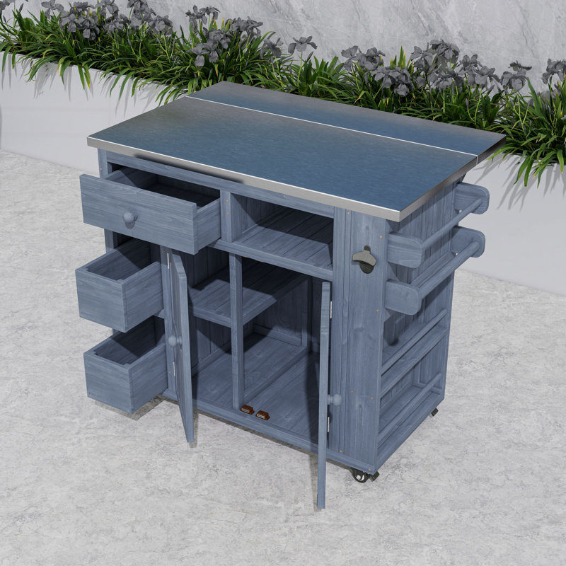 Îlot de cuisine extérieur extensible avec tiroirs, armoire et support à épices latéral, Gris