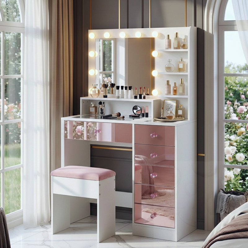 Glass Top Vanity Desk With Hollywood Bulbs And Storage