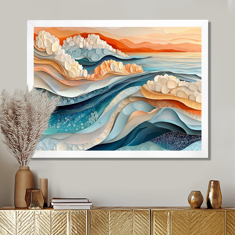 Biomorphism Glacial Abstract Landscape II - Art abstrait à l'encre liquide, H 16 po x l 32 po, White Picture Framed