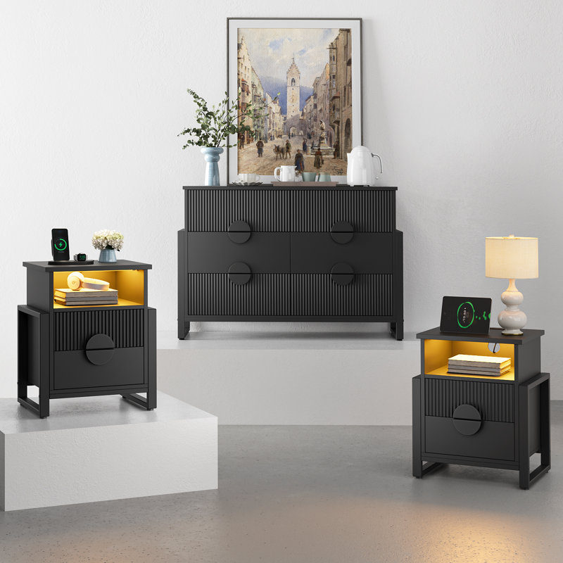Wrought Studio 3-piece Bedroom Set - 6-drawer Fluted Dresser And Two 2-drawer Fluted Nightstands, Black