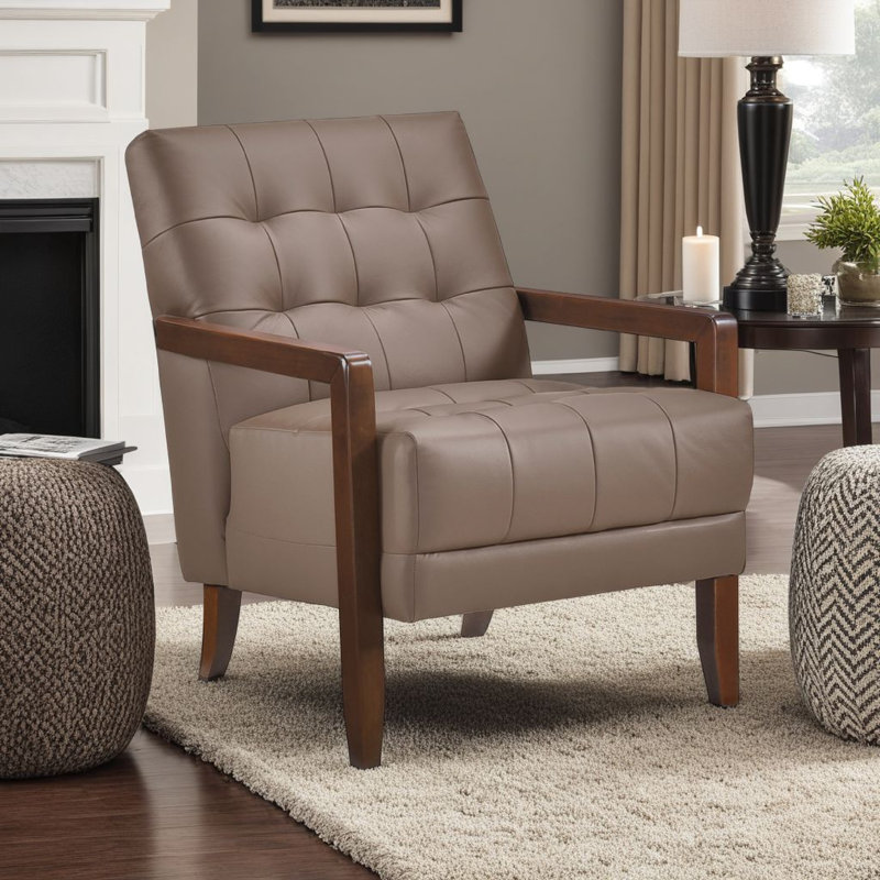 Fauteuil Lenie, cuir capitonné, bois de noyer, Brun