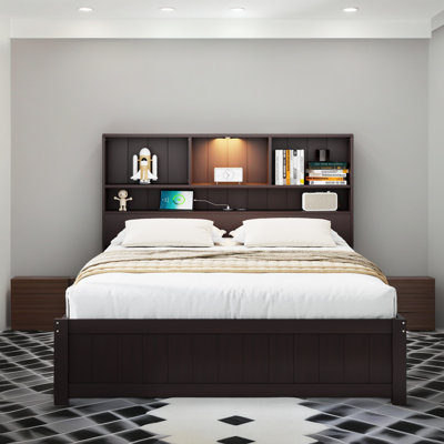 Modern Platform Bed with Bookcase Headboard - Built-in Night Light, USB Charging Station & 2 Side Drawers, No Box Spring Needed