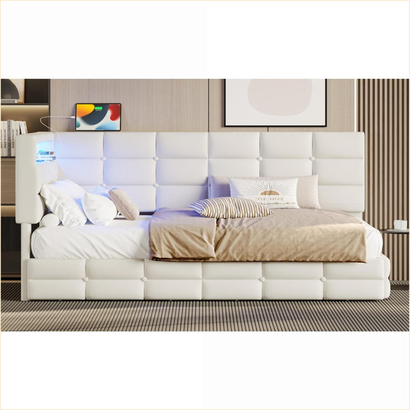 Twin Size Eucalyptus Wood-Iron Upholstered Daybed with Storage, Charging Station &amp; LED Lights, No Box Spring Needed, Beige for Bedroom/Guest Room