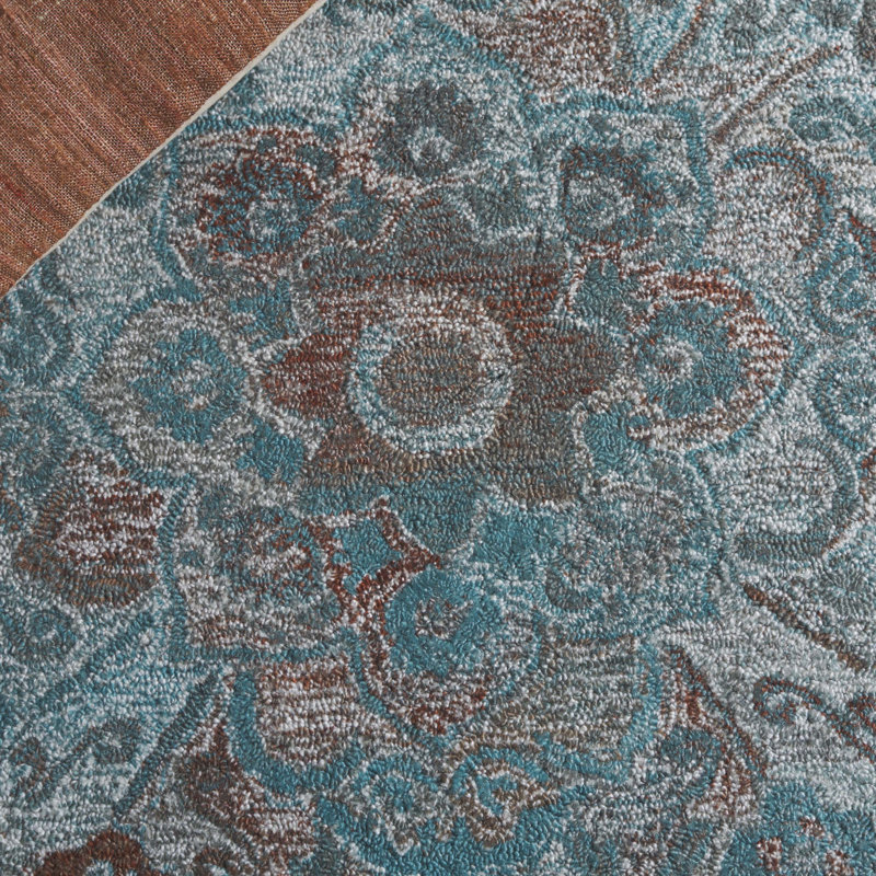 Tapis floral en polyester touffeté à la main Fredel - bleu / brun, Rectangle de 5 pi x 8 pi
