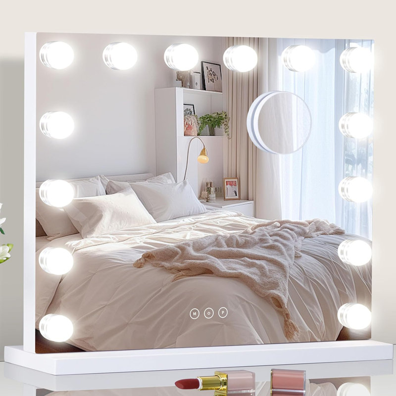 Miroir de coiffeuse à DEL avec lumières - Miroir de maquillage à intensité variable avec 3 modes de couleur, commande tactile, miroir grossissant 10X, port de charge USB, cadre en métal robuste