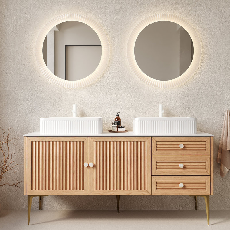 Meuble-lavabo autoportant en contreplaqué de 60 po avec 4 pieds en métal, 2 portes et 3 tiroirs, 2 lavabos rectangulaires en céramique blancs