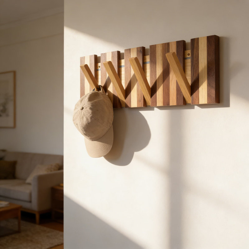 Portemanteaux mural Mid-Century moderne avec 4 crochets rétractables | Organisateur de vestibule et de vestibule | Fabrication en bois naturel de pin et de noyer