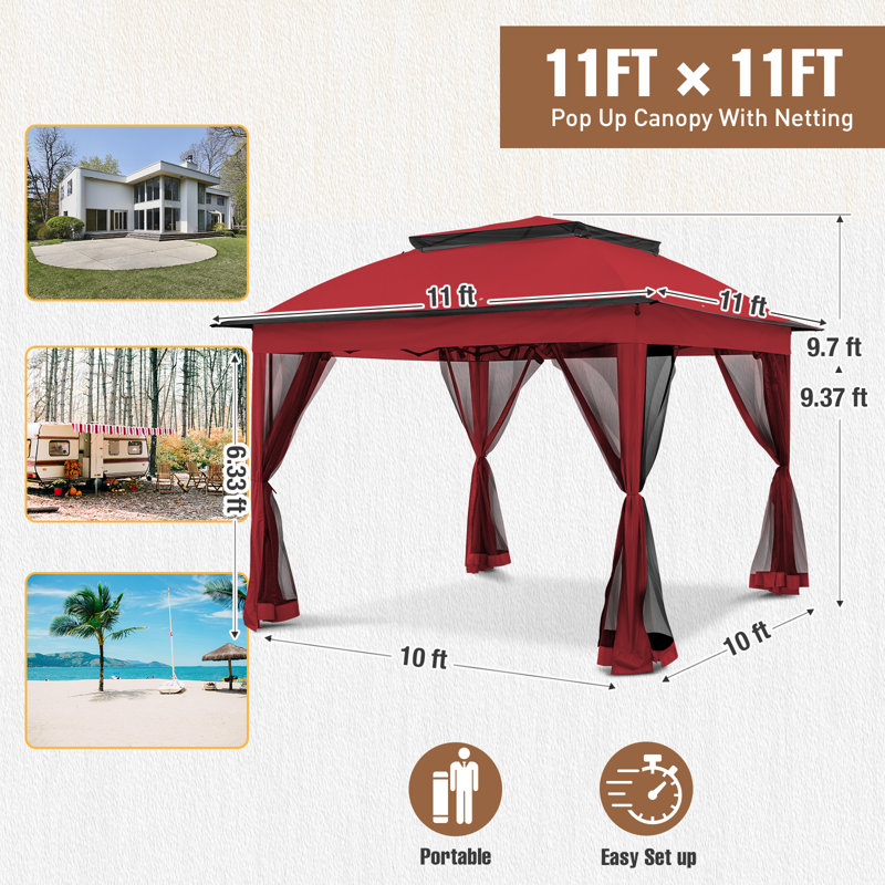 11 Ft. W x 11 Ft. D Pop Up Canopy Patio Gazebo with Mesh Wall, Red