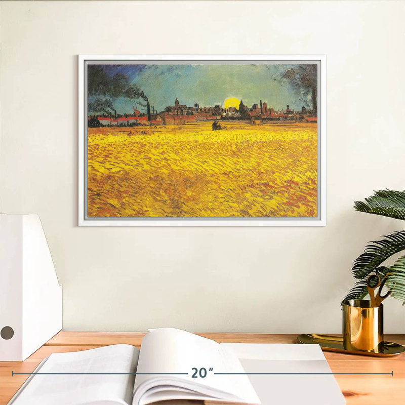 Champ de blé au coucher du soleil, 13 po x 9 po, Cadre flottant blanc