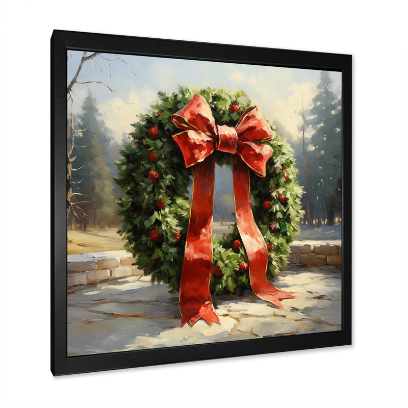 Couronne de Noël verte, hiver I - Couronne, art mural, Cadre simple noir, H 30 po x l 30 po x P 1,5 po