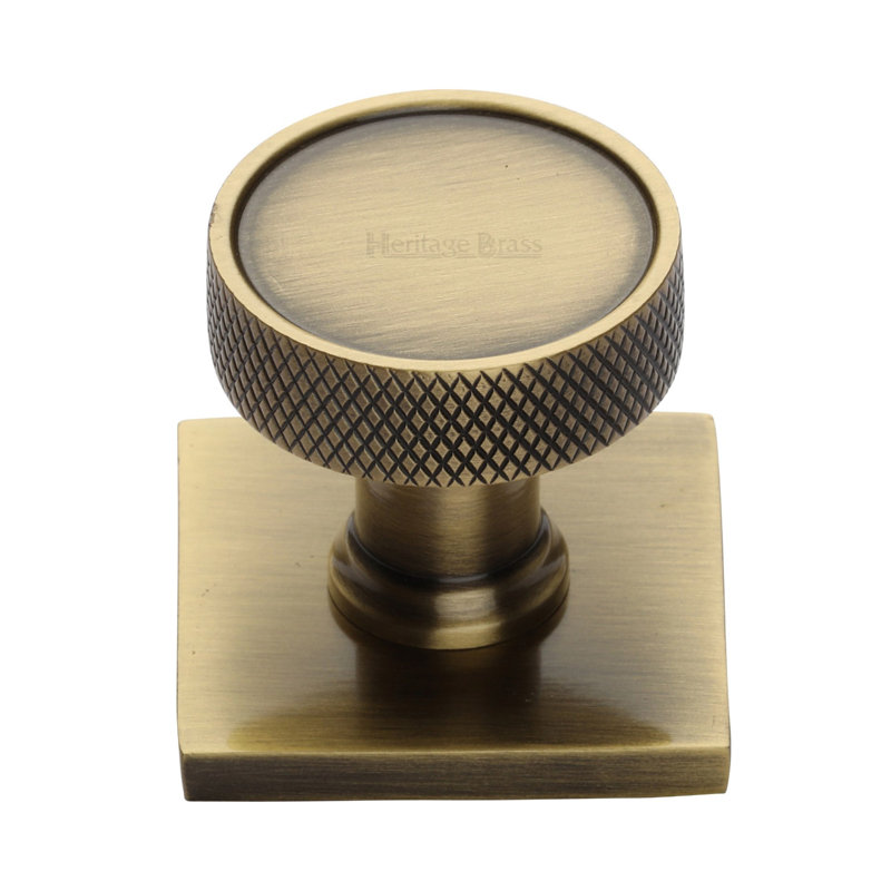 Heritage Brass Cabinet Knob Florence Knurled Design with Square Backplate, Antique Brass