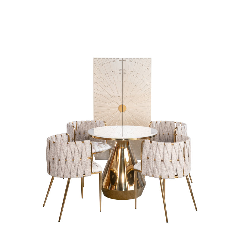 Izzabella 5-Piece Dining Set – Round White Marble Bistro Table with Gold Stainless Steel Base and 4 Woven Curved Dining Chairs with Gold Legs