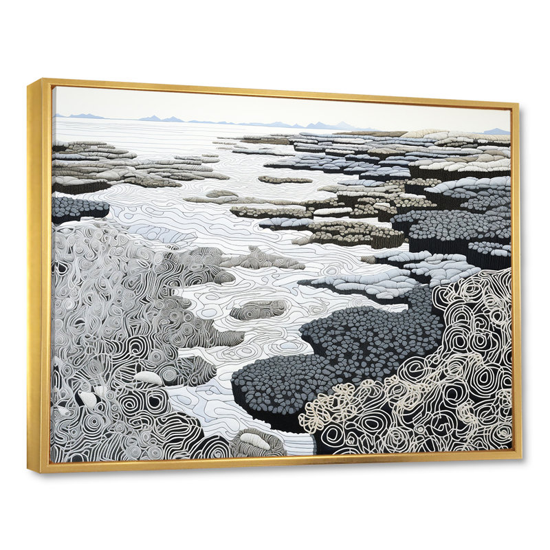 Gris abstrait paysage - plage et océan, reproductions d'art mural, Cadre flottant doré, H 12 po x l 20 po x P 1 po