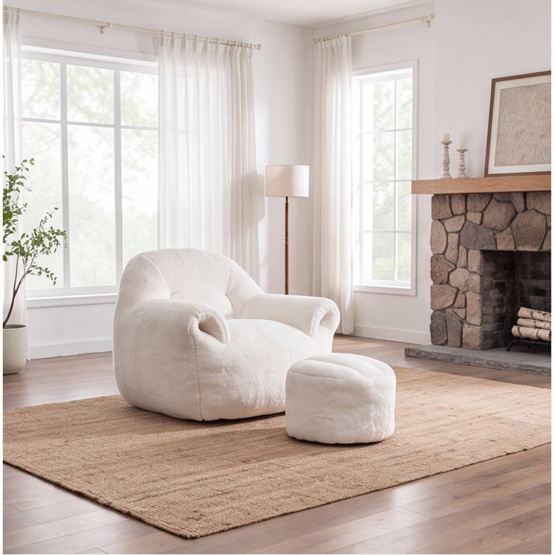 Fauteuil à billes en fausse fourrure avec dossier et repose-pieds, blanc, confortable canapé de salon, de chambre à coucher et d'appartement