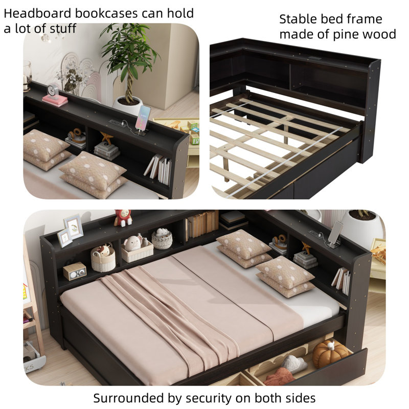 Bookcases Bed With Power Outlets, Black, Full