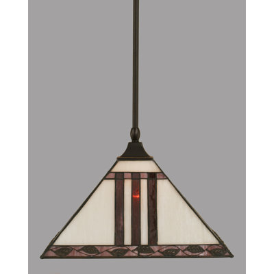 Stem Hung Pendant Square Fitter With 14" Purple & Metal Leaf Art Glass
